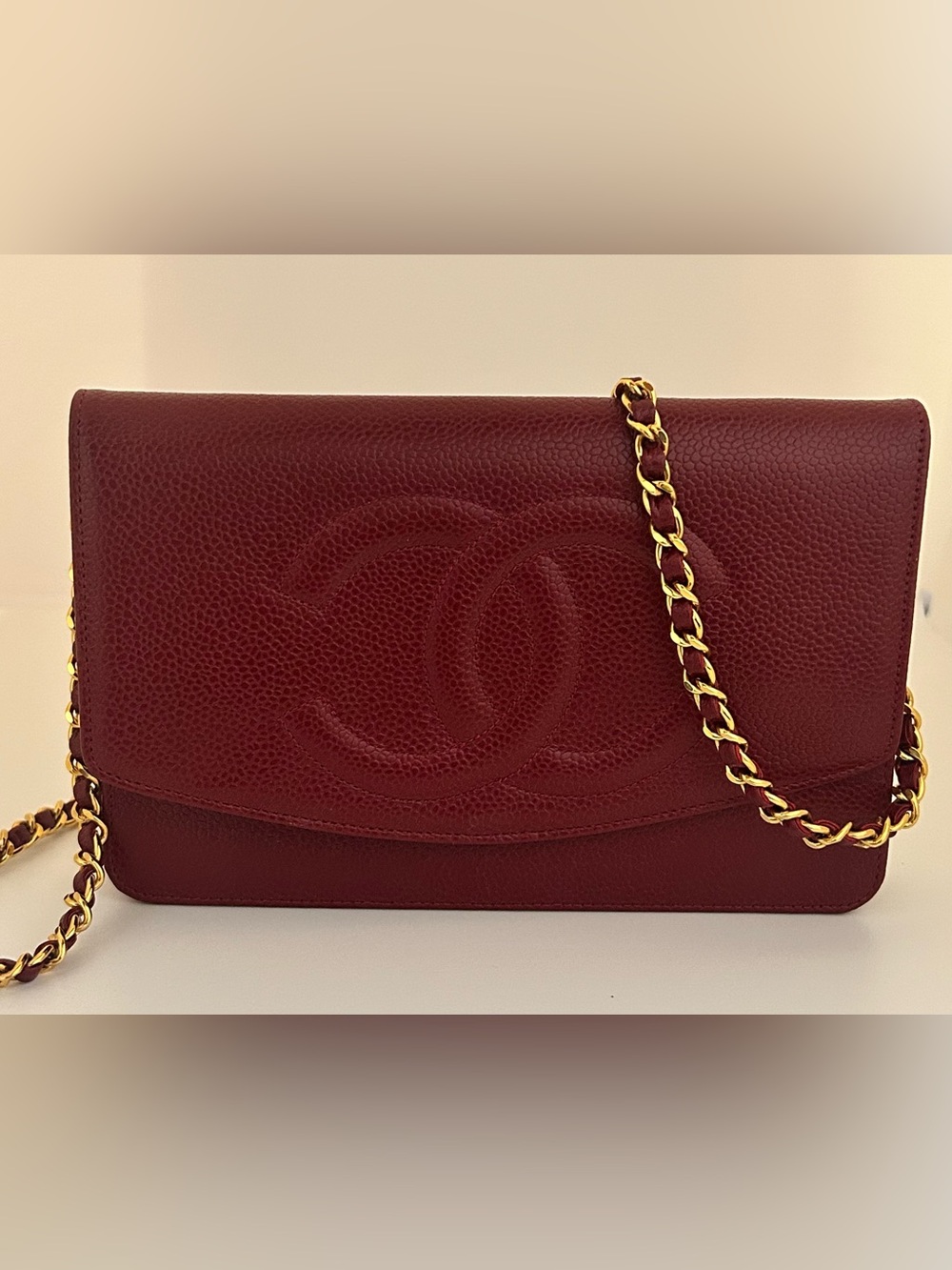 CHANEL Vintage Burgundy Caviar Leather Wallet On Chain Crossbody Bag
